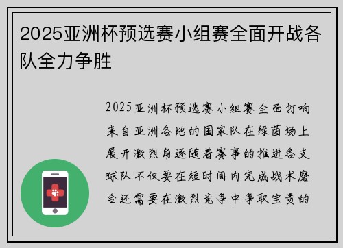 2025亚洲杯预选赛小组赛全面开战各队全力争胜